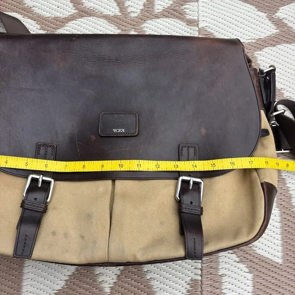 Vintage TUMI TownHouse Wilton Messenger Bag Khaki Leather Canvas 24270KH Worn